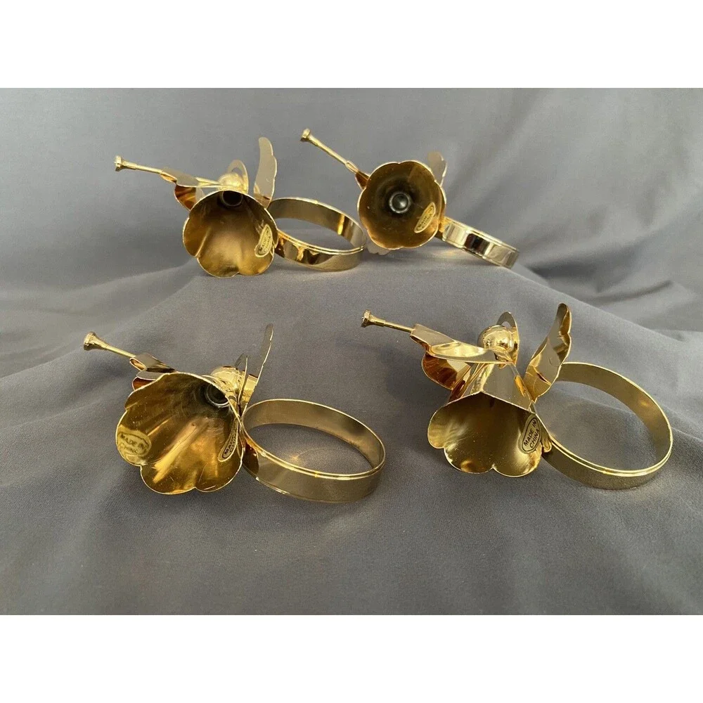 CHRISTMAS ANGEL TRUMPET BRASS GOLD TONE NAPKIN RINGS HOLDERS PLAYING TRUMPET SET